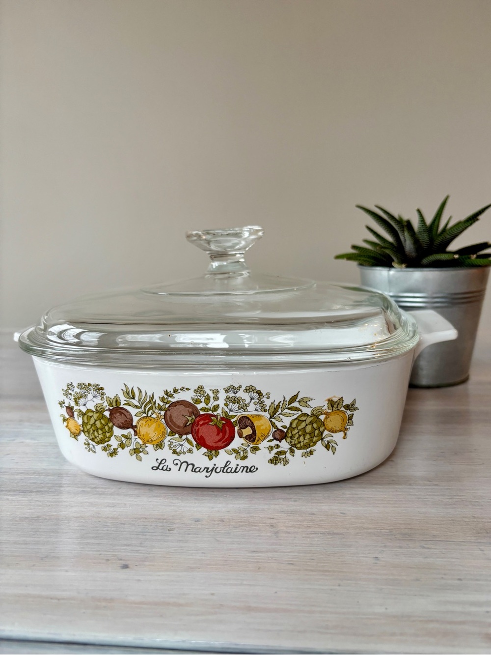 Vintage CorningWare “La Marjolaine” White Ceramic Casserole Dish with Glass Lid.